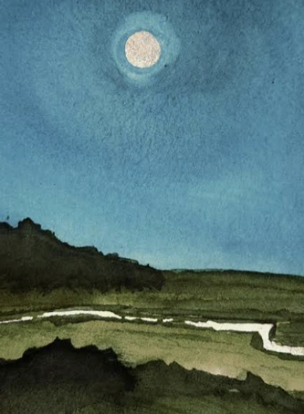 Moonlit Landscape in Watercolor
