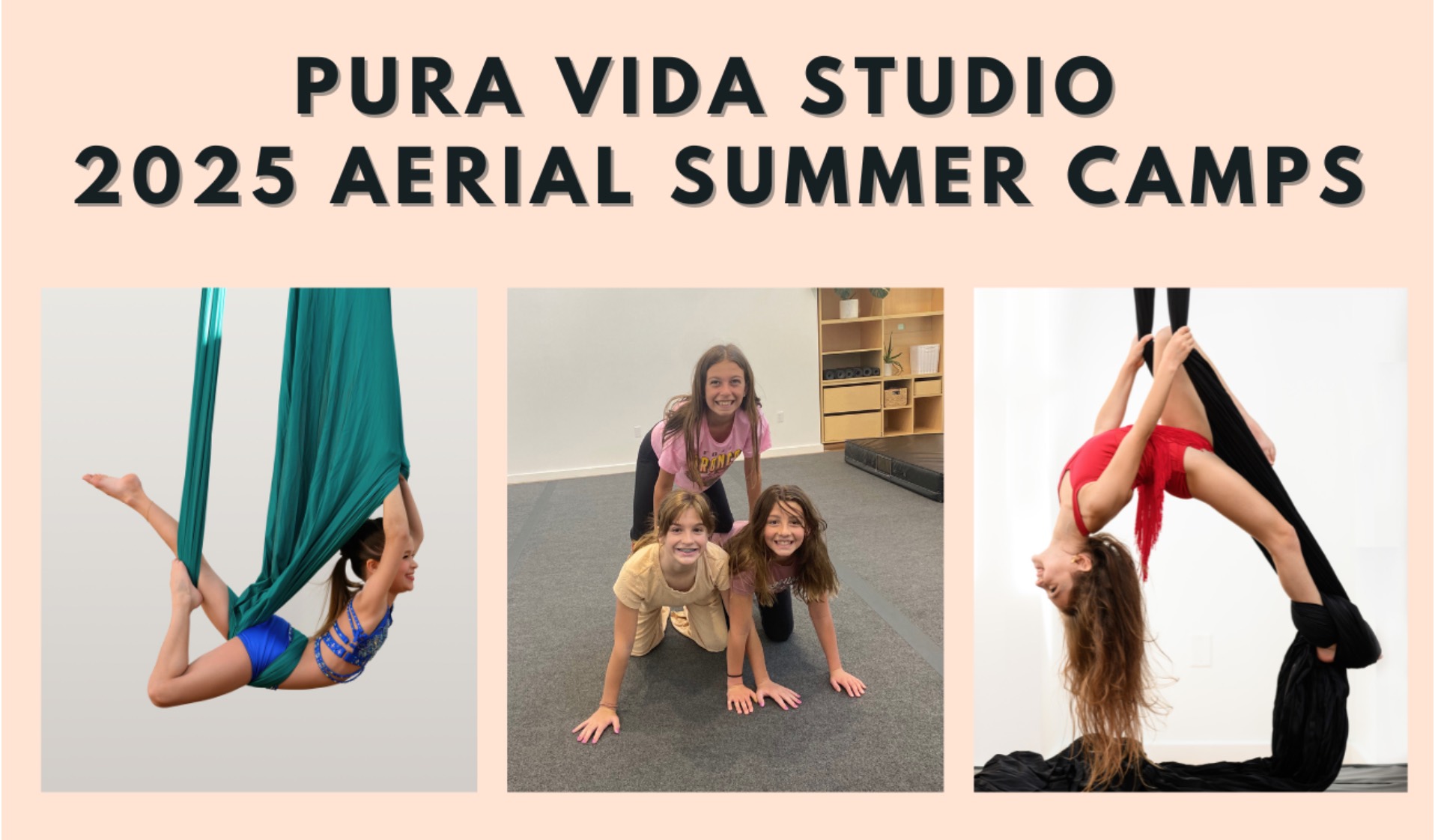 Kids twirling on aerial silks at Pura Vida Studio Summer Camp