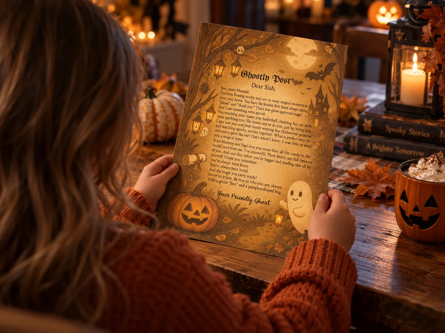 Child receiving and reading their Friendly Ghost Letter
